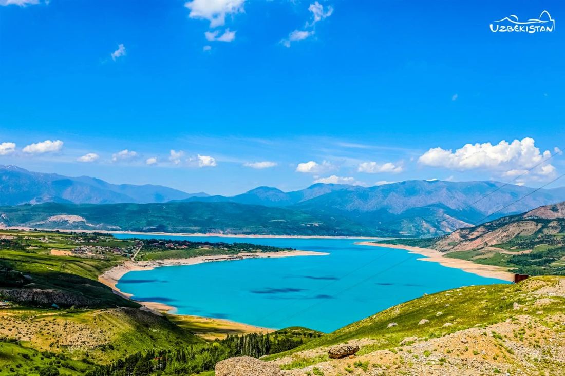 Turquoise waters of Charvak reservoir from above