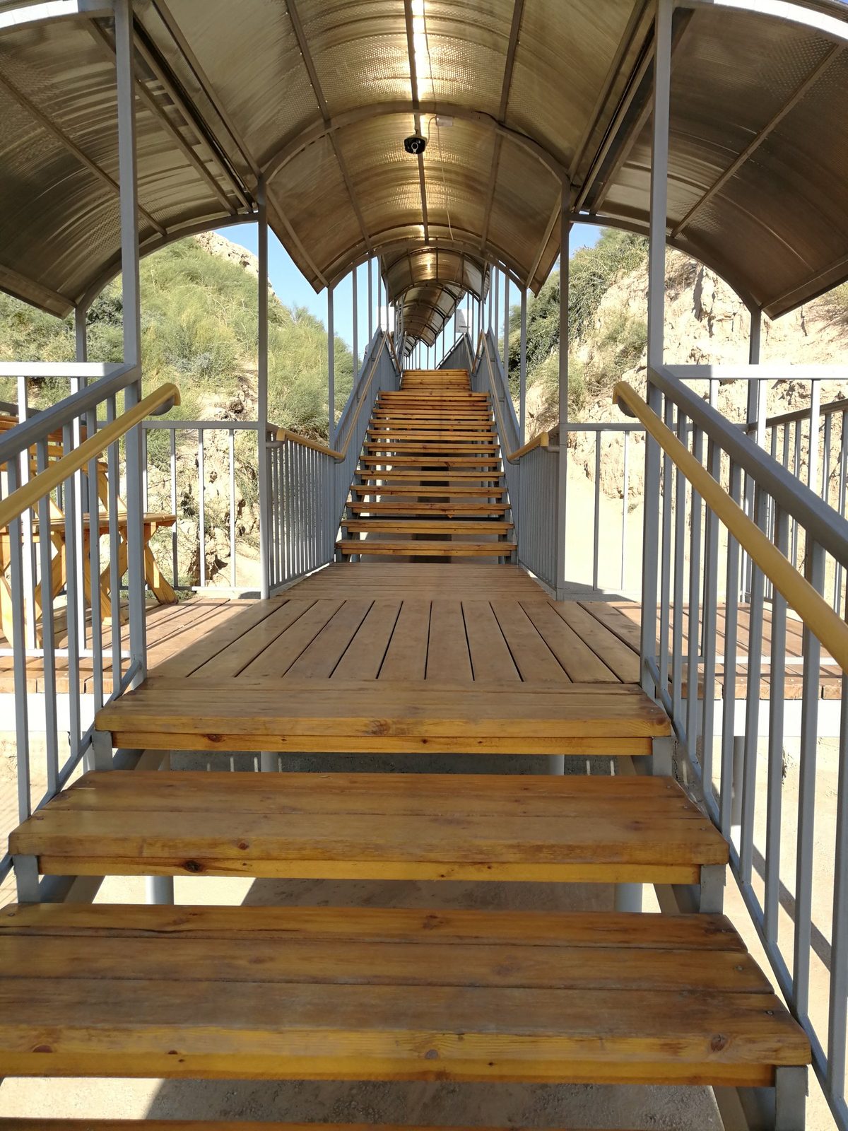 Covered stairs and walkway at the Akhsikent archaeological site