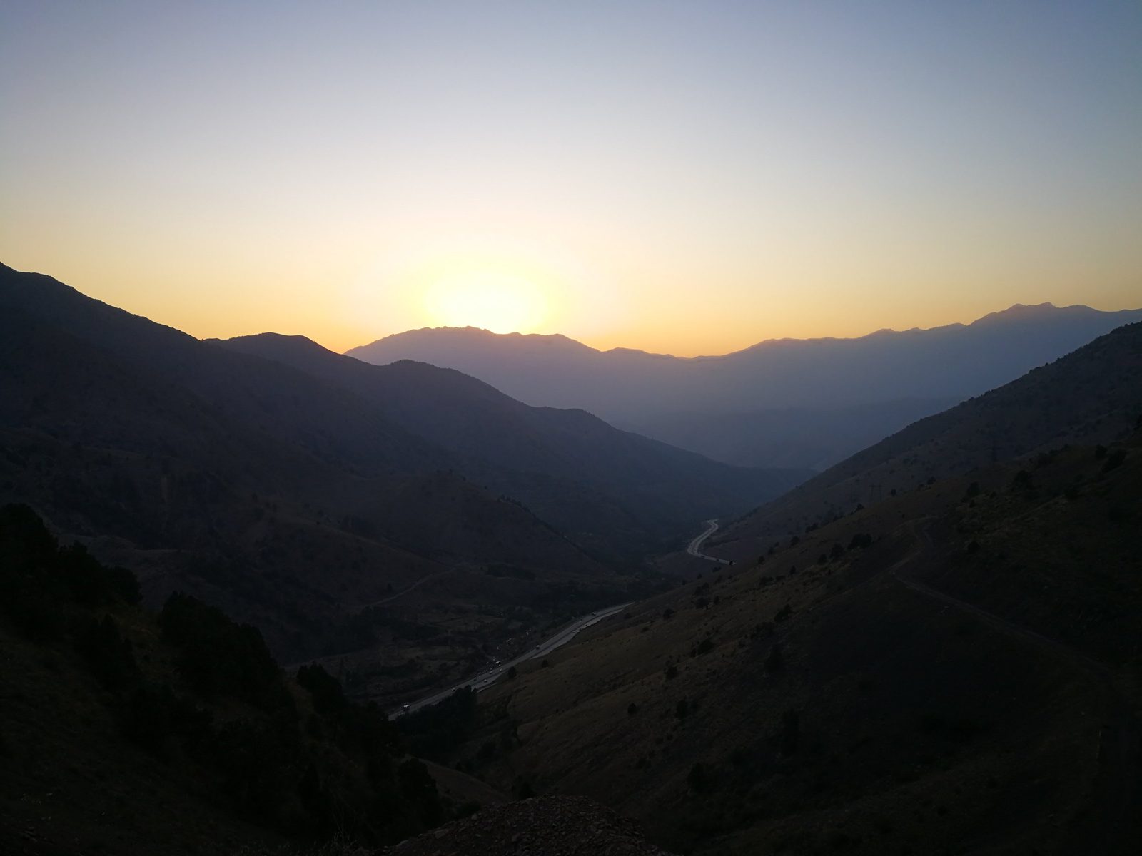 Sunset over the mountains on the road from the Fergana Valley to Tashkent