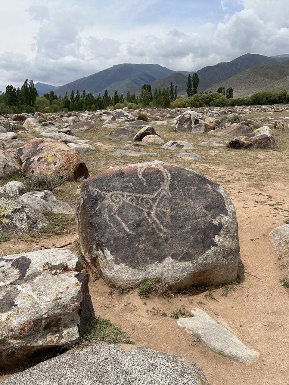 A horned animal carved on a boulder at Cholpon-Ata