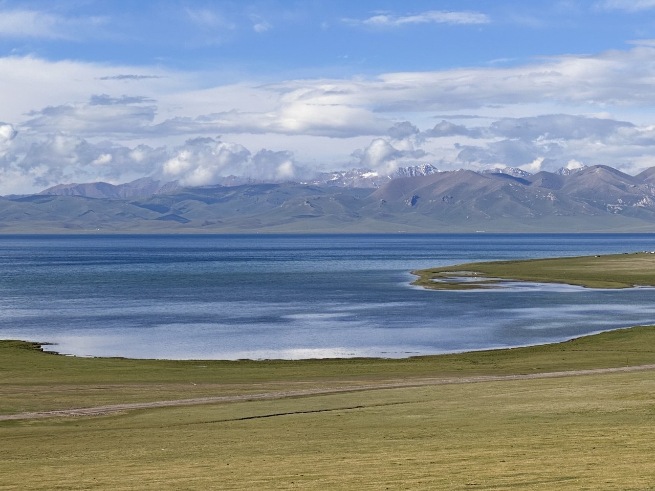 A high mountain lake in summer, with grass down to the water
