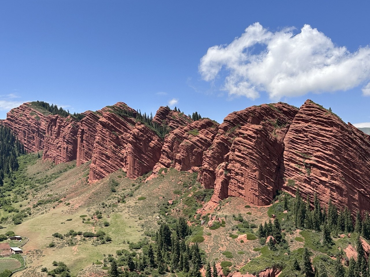The red ridge of the Seven Bulls at Jeti-Oguz