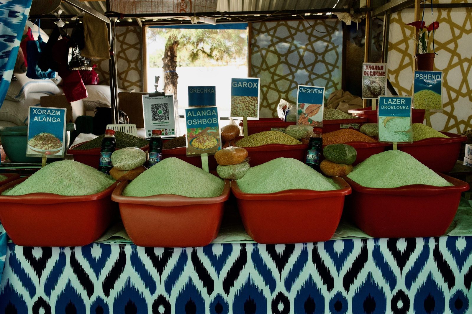 Spices piled in bowls at a bazaar in Tashkent