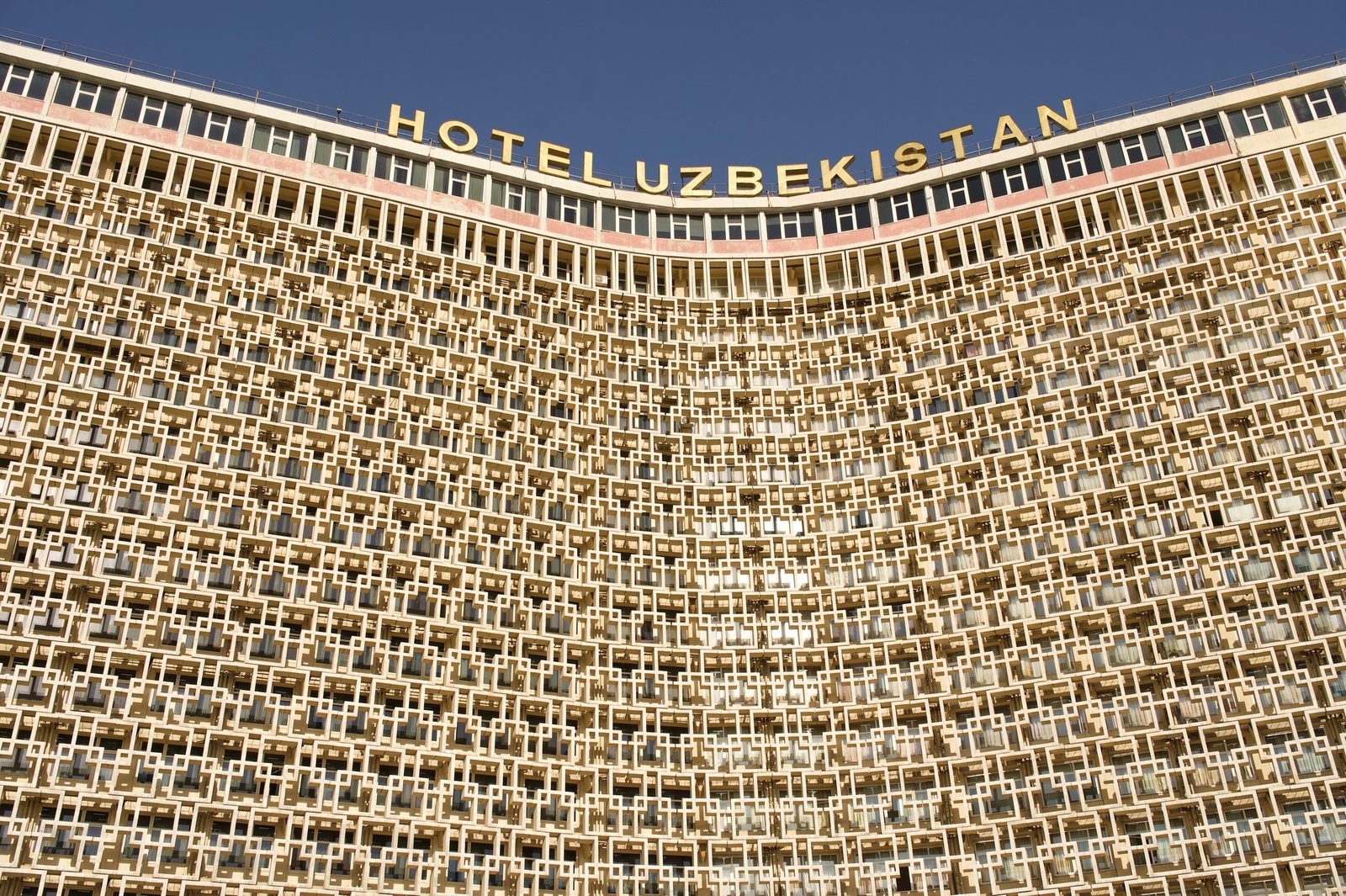 The curved sun-screen facade of the Hotel Uzbekistan, Tashkent