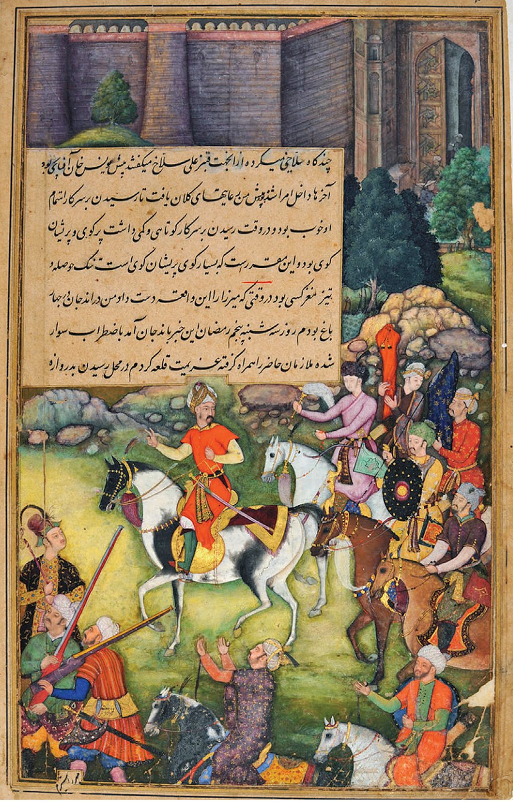 Babur rider upp till Mirzaporten vid Andizjans fästning: en miniatyr ur Baburnama från 1598